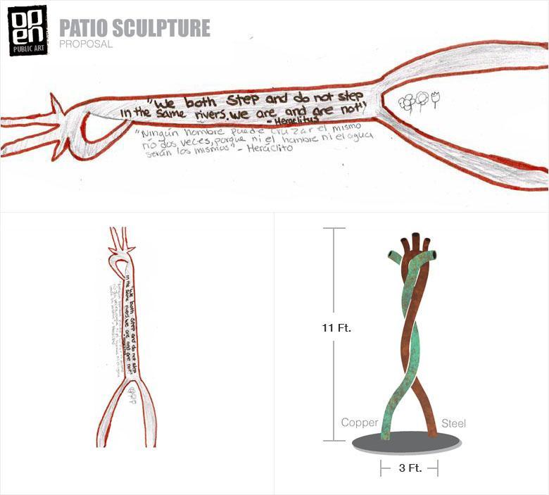 The winning drawing, produced by a young South Lawndale resident (top). A digital rendering of the winning drawing; the sculpture will be installed in OPEN’s patio, on top of an old cistern, presenting a powerful message of water as a life force (bottom left and right)