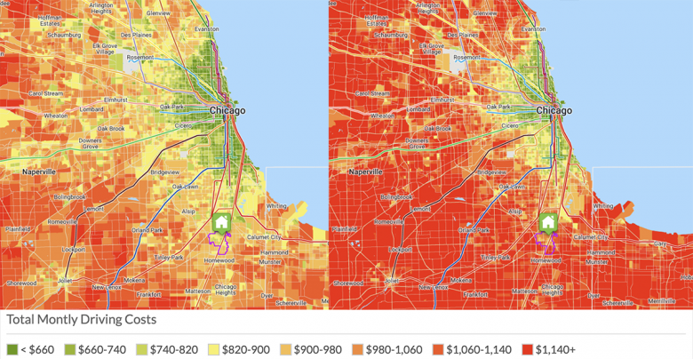 Total Driving Costs at $2.50 per gallon (left) and $5.00 per gallon (right)