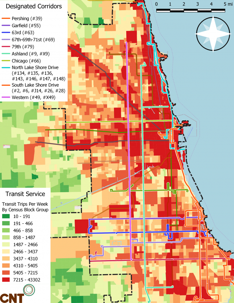 Number of transit trips per week by census block group; overlay shows bus routes affected by the ordinance amendment.