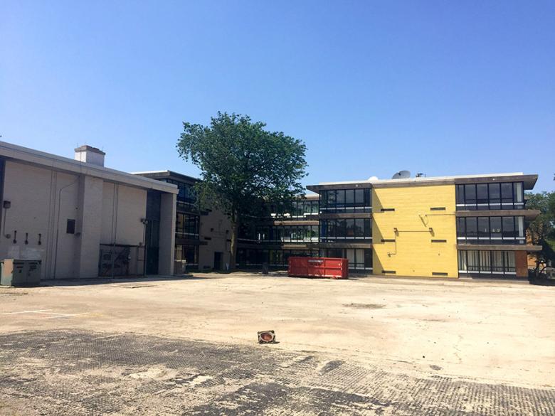 The eastern parking lot of the Overton Campus, showing the area where the map of Bronzeville and bioswale will be installed.